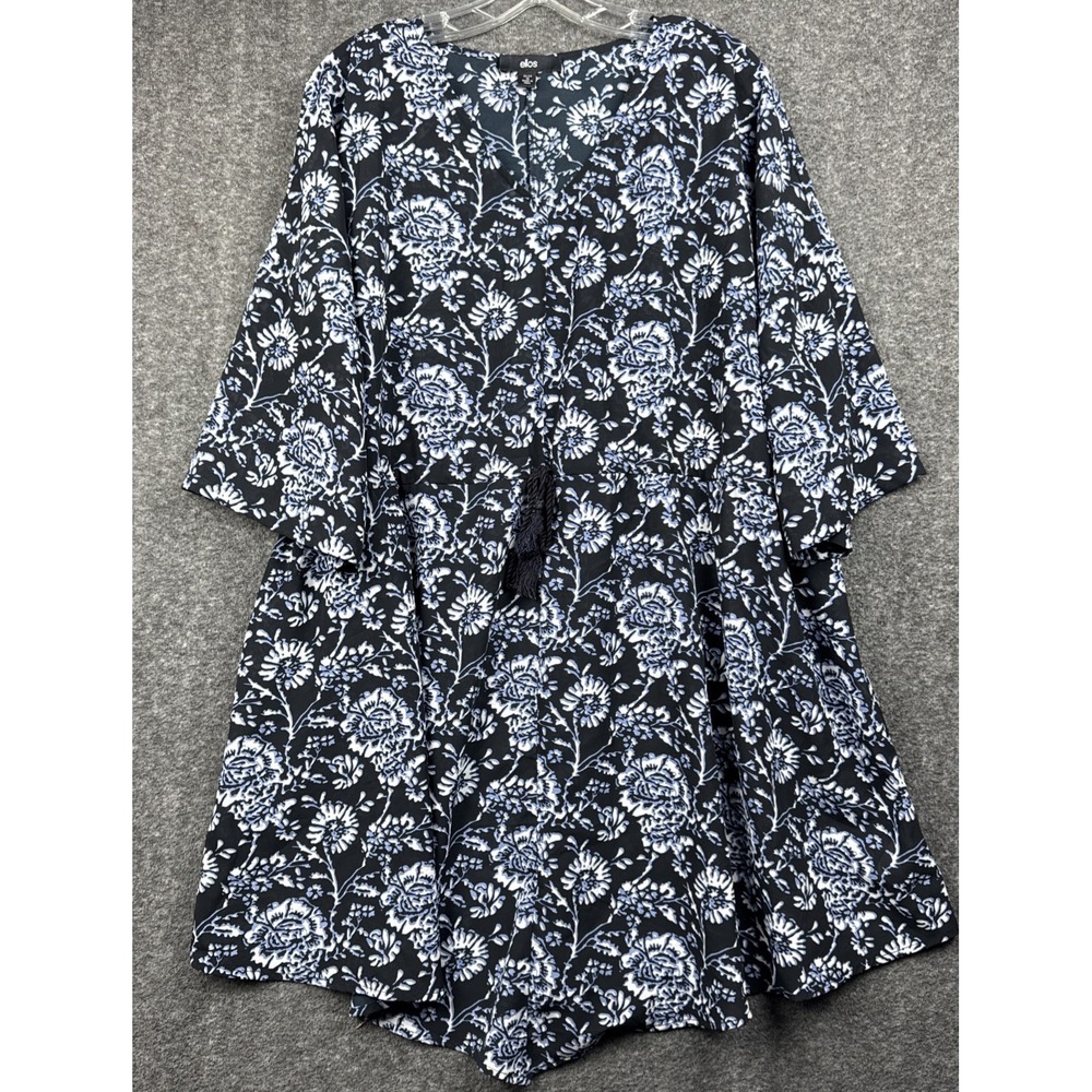 Ellos Plus Size 1X Black Blue Floral Midi Dress Long Sleeve Tassel Tie Boho‎